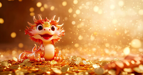 A playful cartoon Chinese dragon sits atop a pile of gold coins, surrounded by golden ingots. The blurred background and festive Lunar New Year elements enhance the celebration.