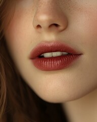 Close-up of a Woman's Lips Showcasing Rich Lipstick Color and Natural Skin Tone Under Soft Lighting in a Minimalist Setting