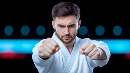 Martial arts practitioner demonstrating a powerful stance with focused expression in a training environment