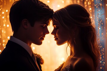 Romantic Young Couple Sharing a Tender Moment Against a Backdrop of Twinkling Lights at an Evening Event