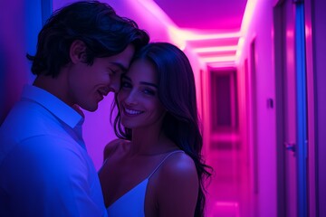 Couple Embracing Under Vibrant Purple and Blue Lighting in a Modern Hallway at Night