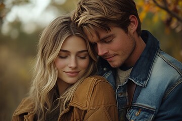 Fototapeta premium Couple Enjoying a Tender Moment Together in a Serene Outdoor Setting During a Warm Autumn Afternoon
