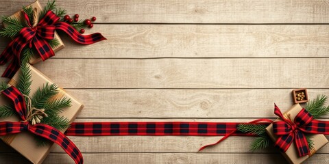 Festive Gifts Arranged on Wooden Surface with Red and Black Plaid Ribbon