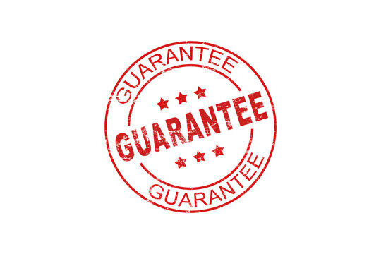QUALITY GUARANTEED red rubber stamp over a white background. PNG transparent background.