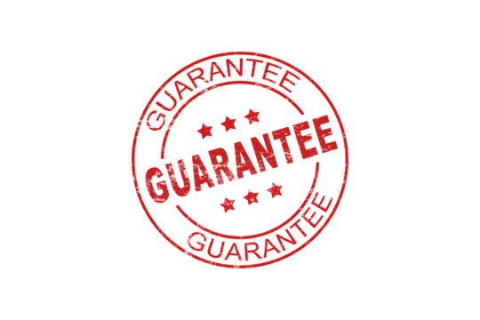 QUALITY GUARANTEED red rubber stamp over a white background. PNG transparent background.