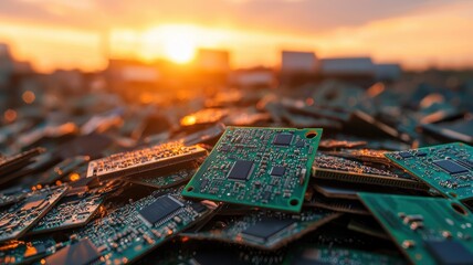 Obraz premium Electronic Waste Recycling Pile of Discarded Circuit Boards at Sunset