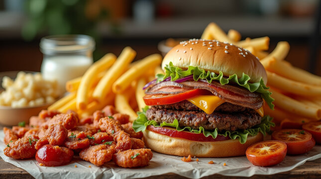 A table filled with an assortment of high calorie and ultra processed junk food , unhealthy, nutrition, empty calories