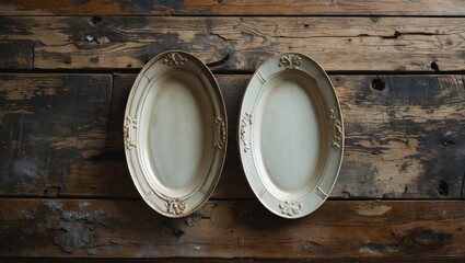 Elegant empty oval plates on rustic wooden table