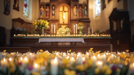 Fototapeta premium Lit candles and flowers adorn an altar in a church.