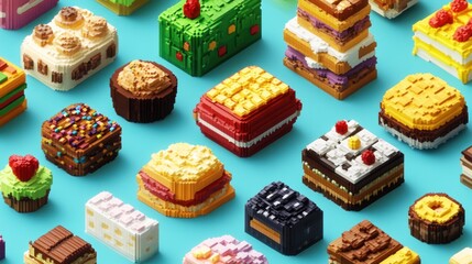 Voxel art of assorted delicious pastries and cakes on a blue background.