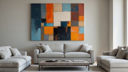Elegant minimalist living room with striking artwork
