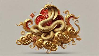 A golden snake coiled atop a stylized cloud, with intricate swirling patterns in red and gold.