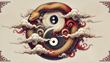 Obraz premium A coiled snake and swirling clouds forming a yin-yang symbol. 