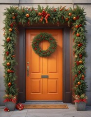 A bright orange door adorned with a beautiful Christmas wreath made of twisted fir branches, adorned with shiny red berries and golden ornaments , winter, yellow, christmas