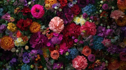 "Stunning Wedding Flower Wall with a Vibrant Mix of Red, Orange, Pink, Purple, Green, and White Blossoms &ndash; Handcrafted Floral Background Decoration"