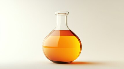 Amber liquid in a glass bottle on white background.