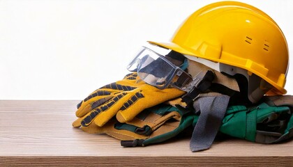 helmet and personal protective clothing on the table, white isolated background, copy space