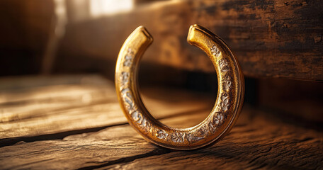 A golden horseshoe rests on an aged wooden table, radiating luck and prosperity. The rustic background and intricate textures add depth and character to the timeless symbol.