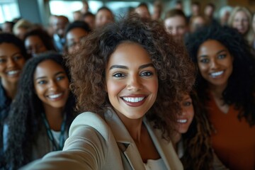 Obraz premium Business leader takes selfie with diverse colleagues at conference. Team spirit, collaboration, unity emphasized. Professional, happy atmosphere. Indoor setting. Group photo embodies positive