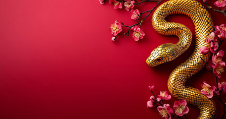 A golden snake adorned with plum blossoms graces the right side of a red background. Its intricate design and auspicious theme celebrate the beauty of the Chinese New Year.