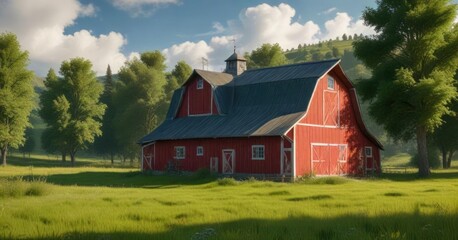 Obraz premium A classic red barn sits atop a lush carpet of green in a picturesque meadow, natural scenery, countryside view, farm building