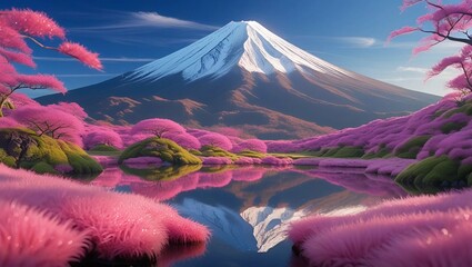 A stunning view of Mount Fuji with vibrant pink moss fields in the foreground, a serene pond, and a...