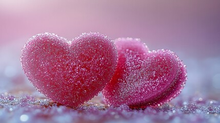 Obraz premium Two pink sugar hearts on sparkly surface.
