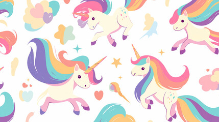 The image features a vibrant and colorful pattern of cartoon unicorns with pastel rainbow manes and tails, surrounded by hearts, stars, and clouds, all set against a white background
