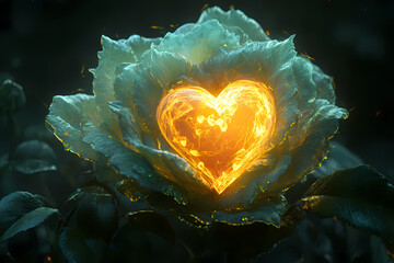A glowing rose with digital petals forming heart shapes, symbolizing love and beauty