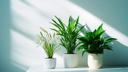 Fototapeta premium Three Potted Plants in Sunlight: Lilies and Tropical Greenery