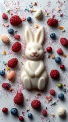Obraz premium Minimalist Design Featuring a White Chocolate Bunny Surrounded by Fresh Berries and Colorful Easter Eggs for Celebrating the Festive Season with Elegance