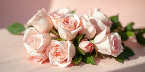Obraz premium A delicate bouquet of blush pink roses, softly illuminated, rests on a pale pink surface