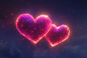 A glowing starry sky with two intertwined glowing hearts, symbolizing unity of souls