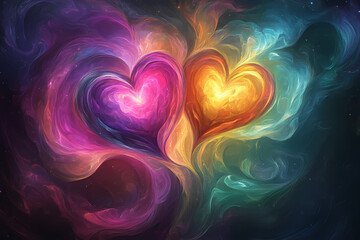 A glowing starry sky with two intertwined glowing hearts, symbolizing unity of souls