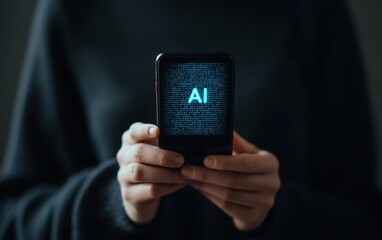 Person Holding Smartphone with AI Display and Binary Code Effects
