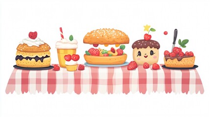 Adorable bakery food displayed on kawaii picnic tablecloth in a wide-angle shot