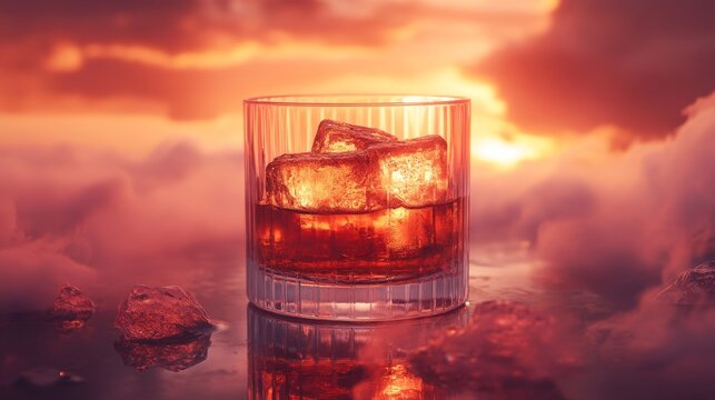Whiskey on the Rocks at Sunset: A surreal still life capturing a glass of whiskey with melting ice cubes against a fiery sky and hazy clouds