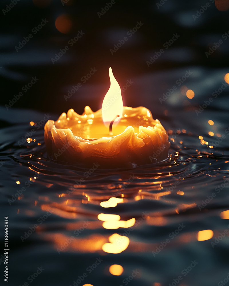 Poster burning candle with glowing flame floating on rippling water surface