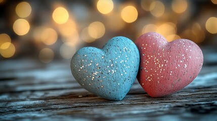 Fototapeta premium Two glitter hearts on rustic wood with bokeh lights.