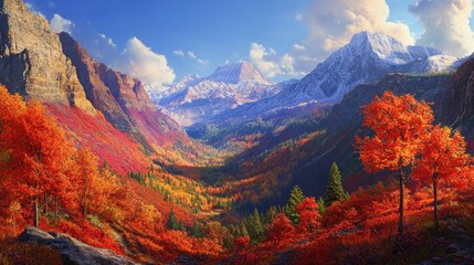 Autumnal mountain valley sunrise panorama vibrant foliage snow-capped peaks