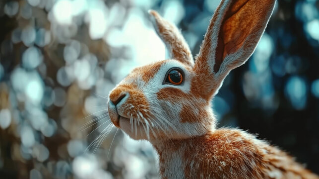 Rabbit, A close-up of a rabbit with soft fur and large ears, set against a blurred natural background, captures its inquisitive expression.