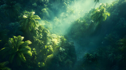 Obraz premium Aerial view of a lush tropical rainforest canopy glowing under sunlight