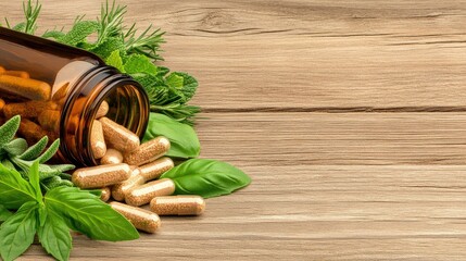 Naklejka premium Alternative medicine herbal capsules isolated on wooden background. Flat lay, top view with copy space 