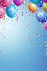 Celebrate in style with vibrant balloons, colorful streamers, and cheerful confetti on a light blue background for a festive birthday occasion