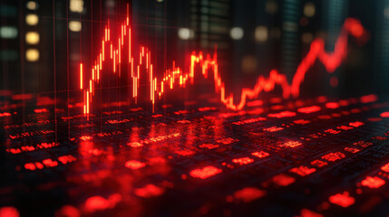 Obraz premium A dynamic financial graph displayed in bright red against a dark background, showcasing fluctuating market trends with glowing candlestick patterns and numbers that reflect the intensity of trading ac