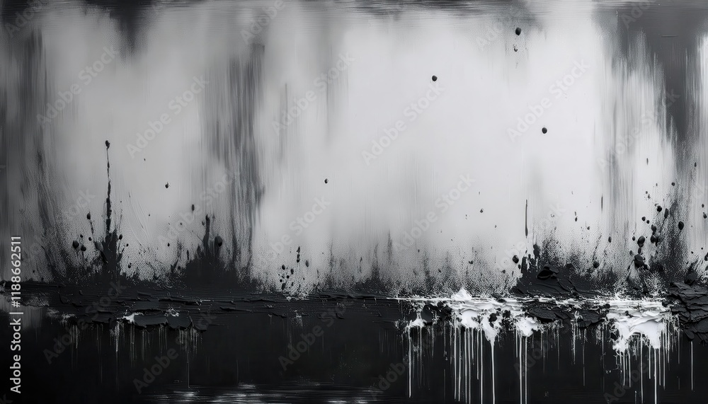 Poster abstract black and white dripping paint artwork with textured splashes, depicting a modern minimalis