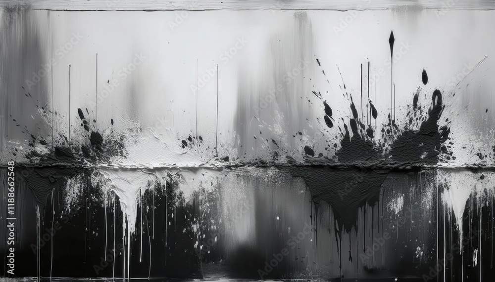 Poster abstract black and white dripping paint artwork with textured splashes, depicting a modern minimalis
