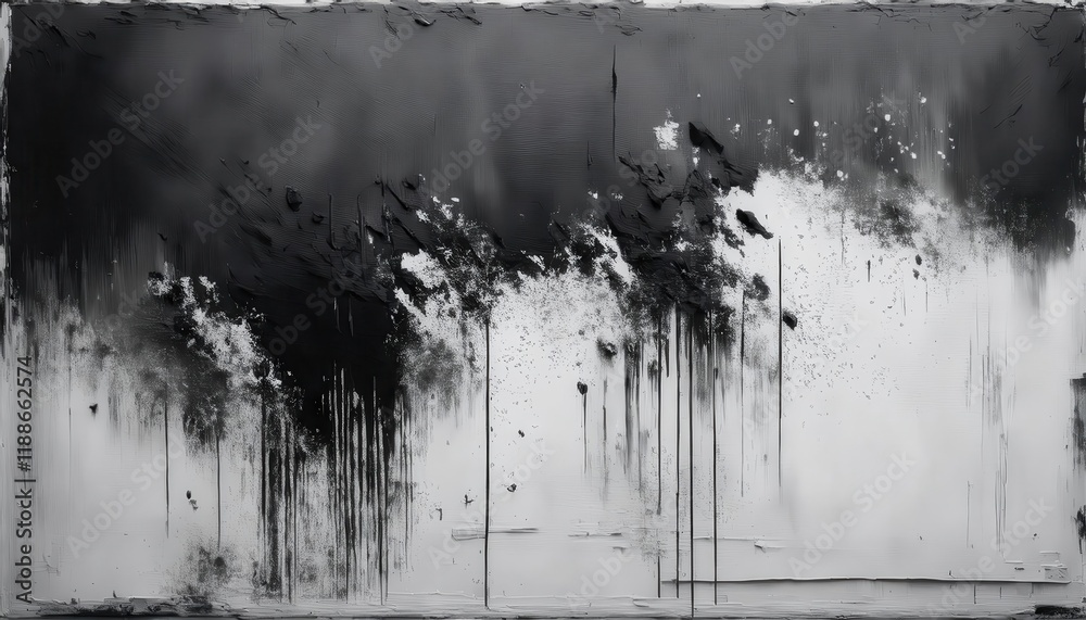 Poster abstract black and white dripping paint artwork with textured splashes, depicting a modern minimalis