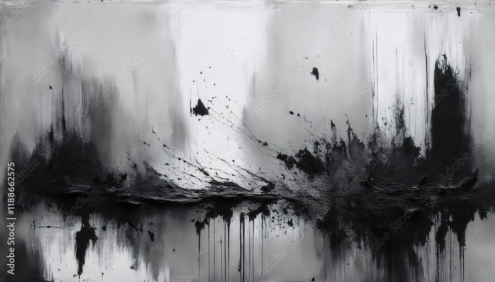 Poster abstract black and white dripping paint artwork with textured splashes, depicting a modern minimalis