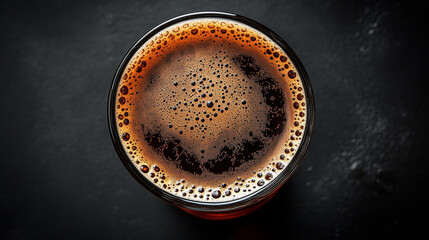 A full glass of dark beer with foam on a black background, top view, high-resolution photography, insanely detailed, fine details, isolated on a solid black background, stock photo